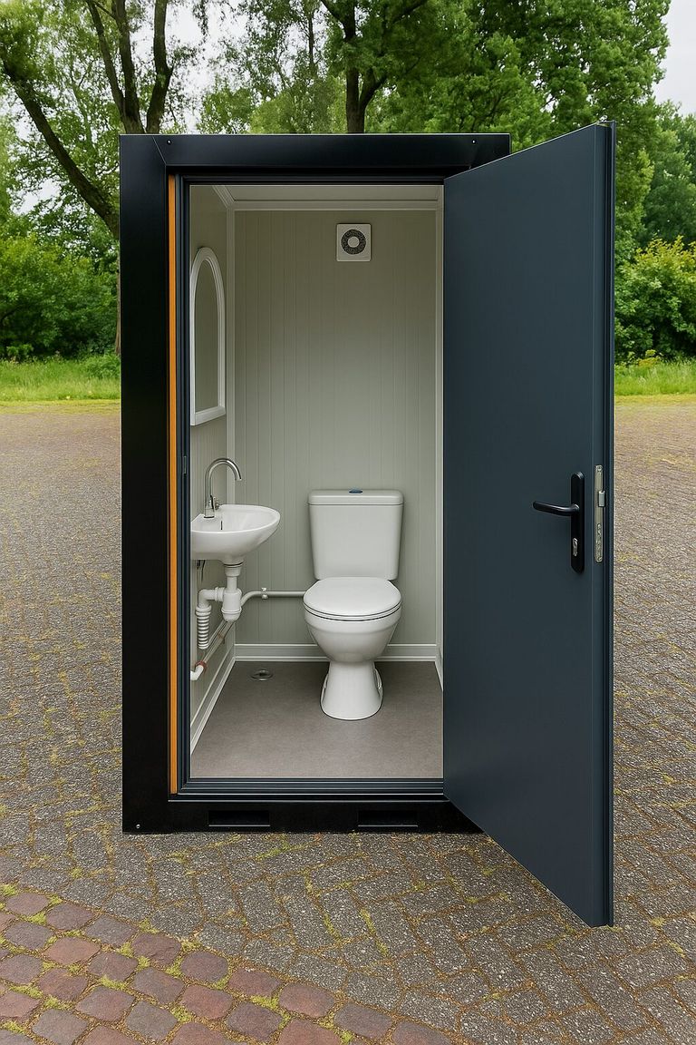 Luxe mobiele toilet unit met pvc houtlook afwerking te koop, buitenaanzicht