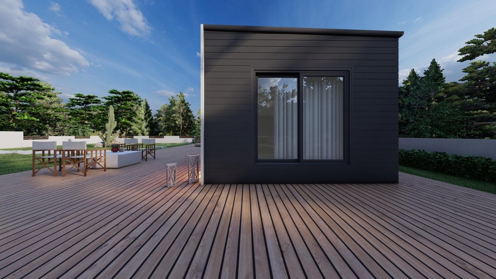 Buitenaanzicht van de zijkant van woonunit Charly