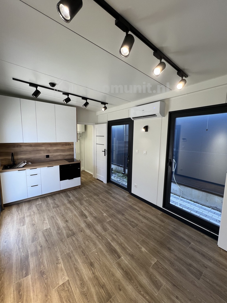 Leefruimte met keuken in luxe mobiele prefab woonunit Emmy met 1 slaapkamer, afmeting 800x300