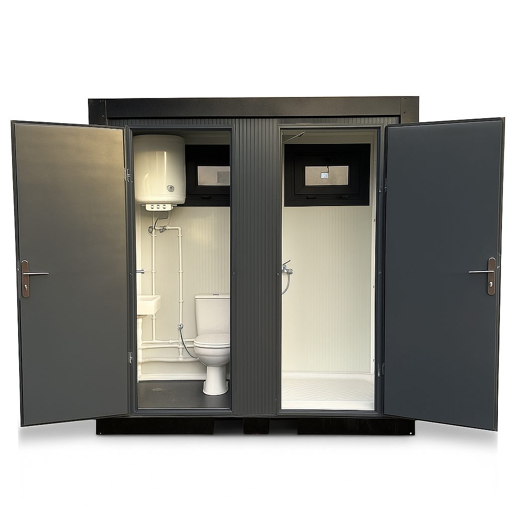 Voorzijde van een toilet- en doucheunit.