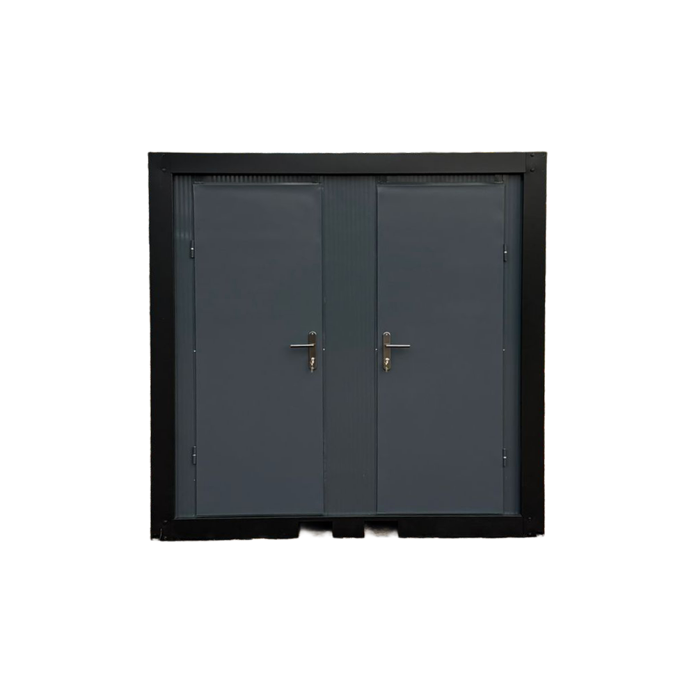 Voorzijde van een dubbele toilet unit met gesloten deuren