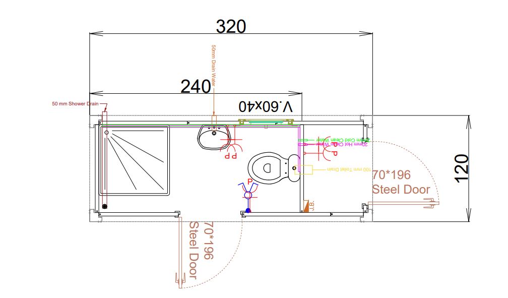Single badkamer met technische ruimte tekeniung