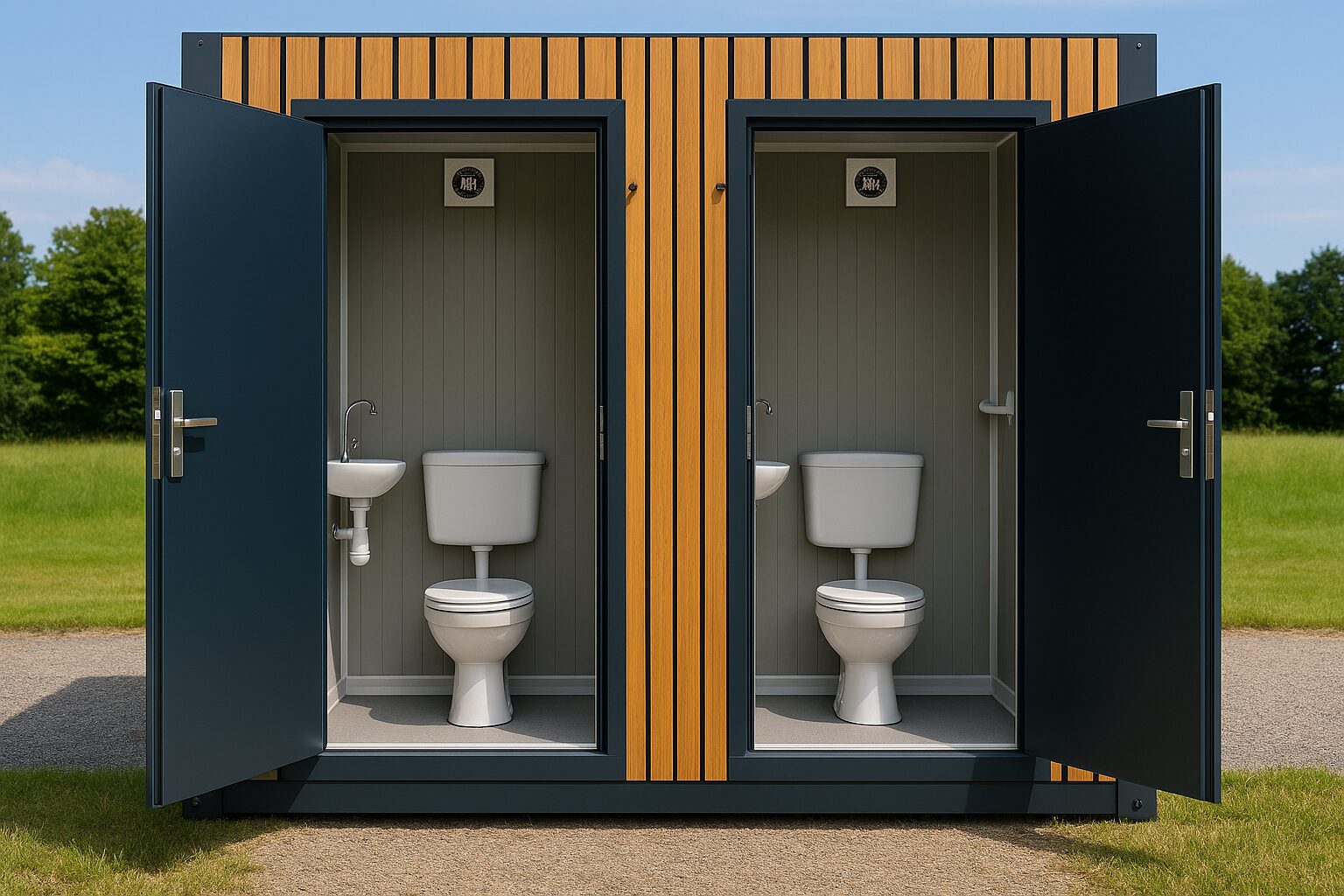 Vooraanzicht van een mobiele duo toilet unit te koop met pvc houtlook afwerking
