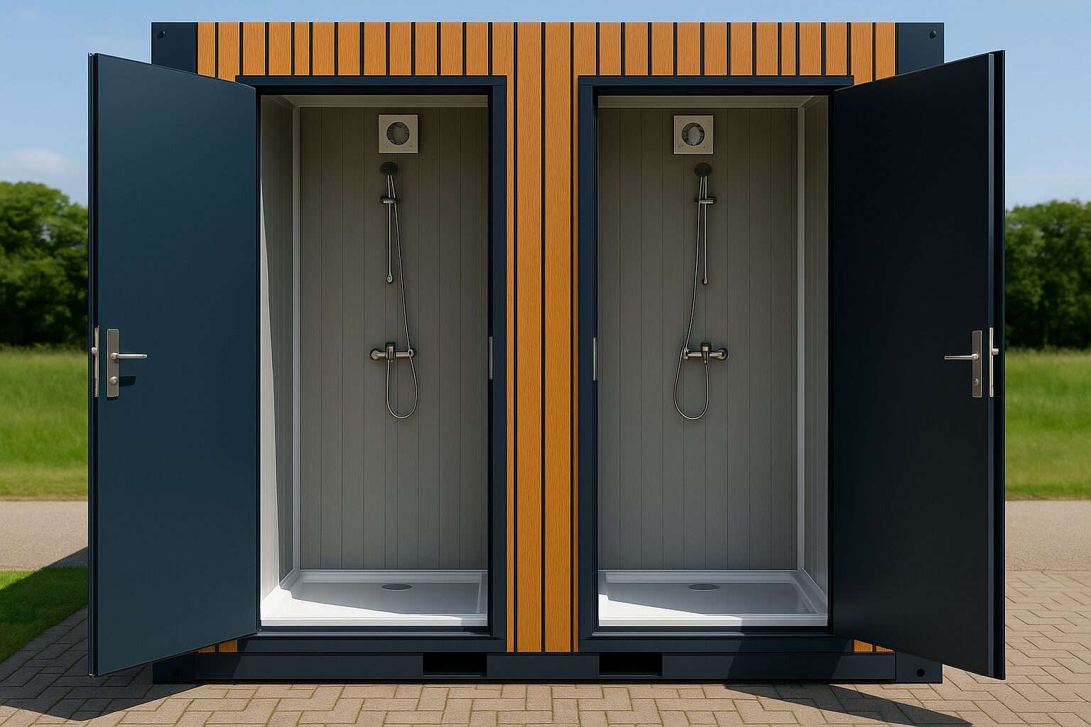 Vooraanzicht van een mobiele duo douche unit te koop met pvc houtlook afwerking
