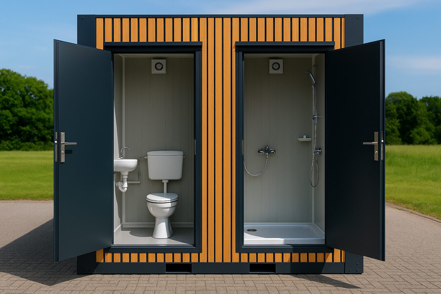 Vooraanzicht van een mobiele duo wc- en douche unit te koop met pvc houtlook afwerking