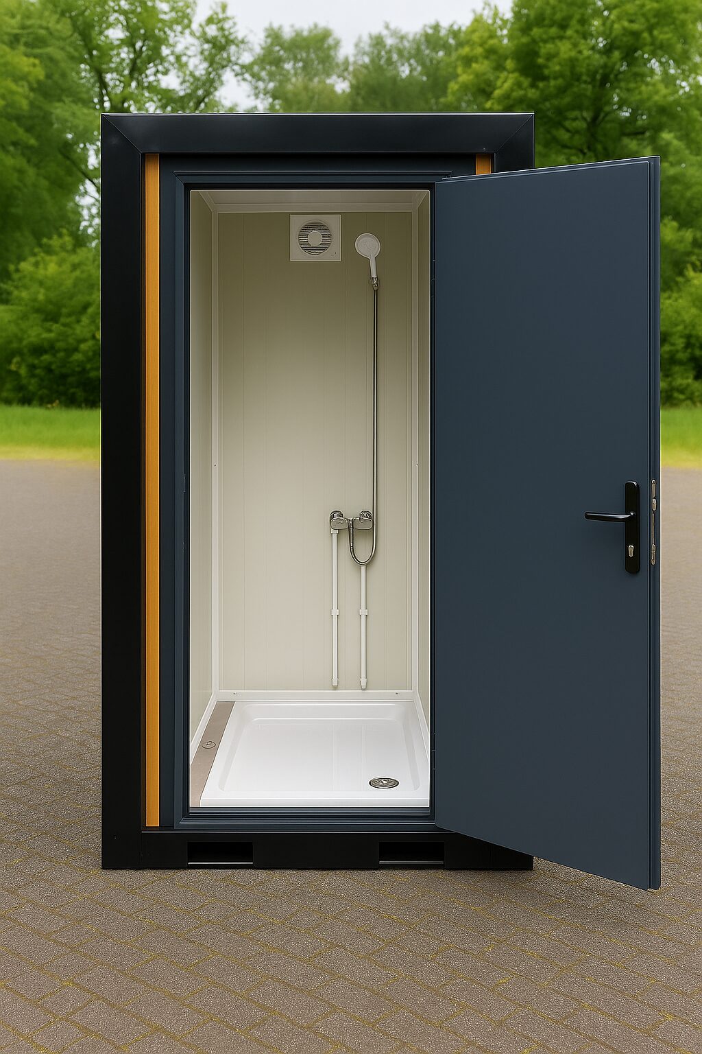 Luxe mobiele douchecabine unit met pvc houtlook afwerking te koop, buitenaanzicht