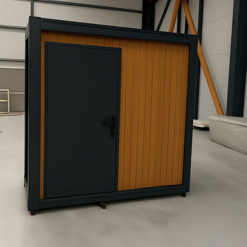 Voorzijde van een mobiele miva toilet unit met pvc houtlook afwerking tijdens de constructiefase