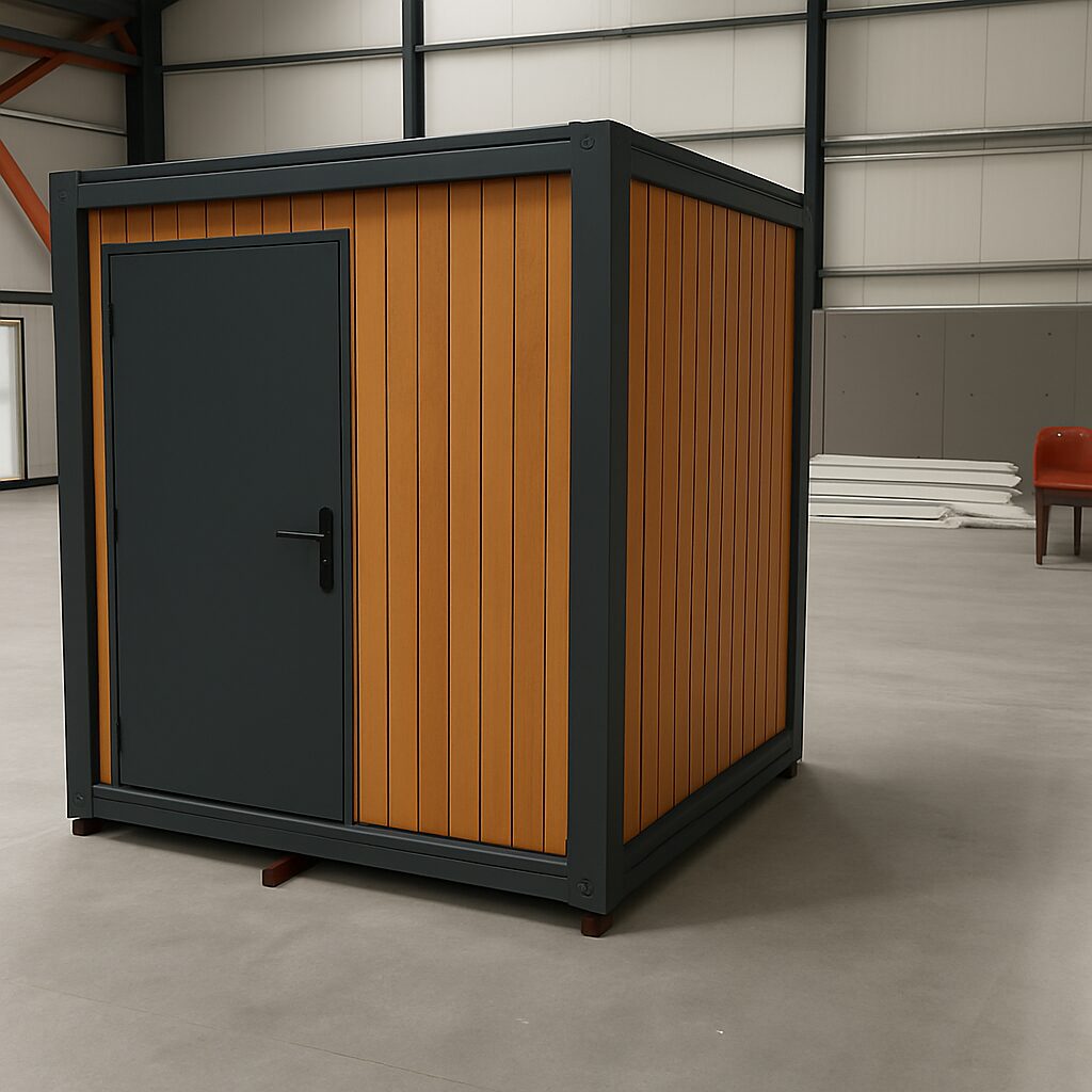 Mobiele miva toilet unit met pvc houtlook afwerking tijdens de constructiefase, tweede beeld