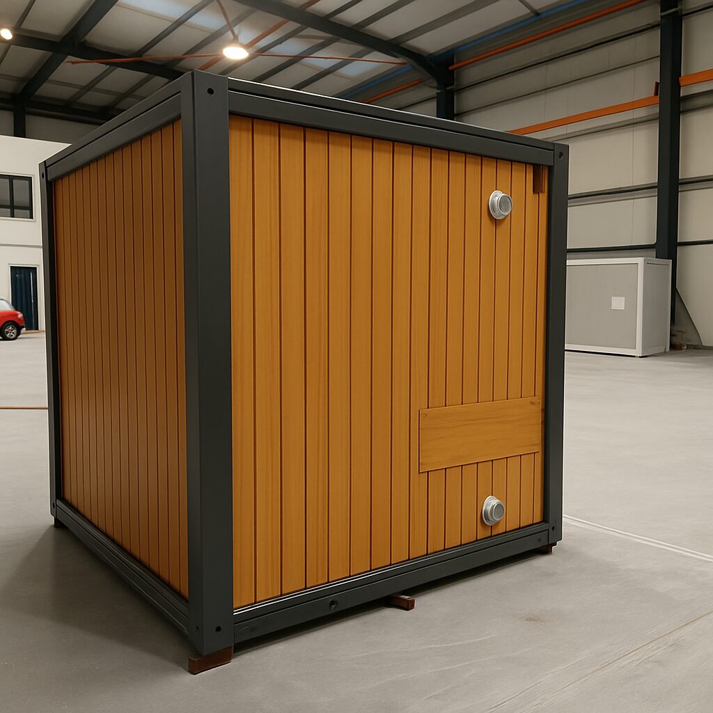 Achterzijde van een mobiele miva toilet unit met pvc houtlook afwerking tijdens de constructiefase