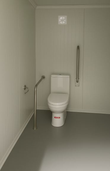 Binnenzijde van een mobiele miva toilet unit met toiletpot en steunbeugels