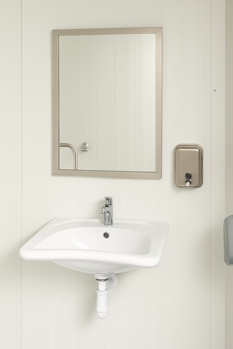 Binnenzijde van een mobiele miva toilet unit met wastafel en spiegel
