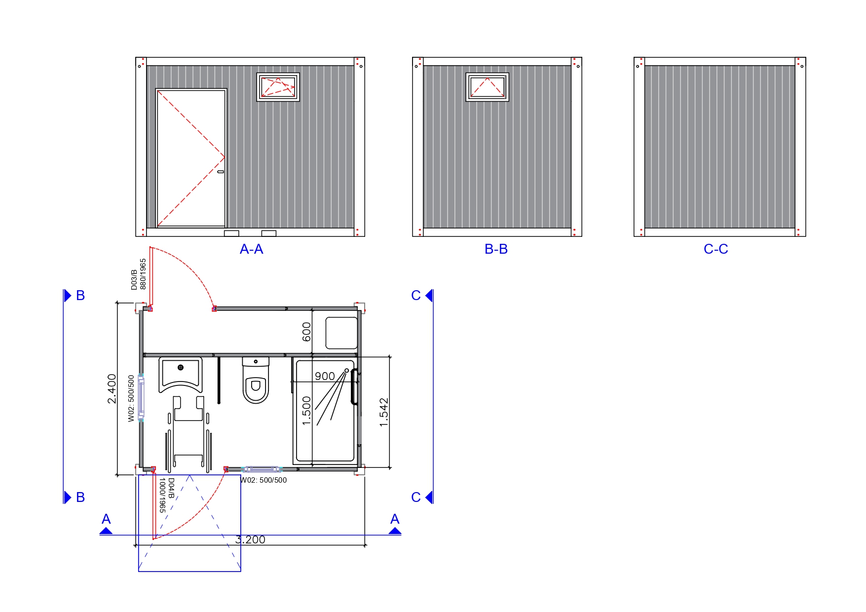 Bouwtekening van een veilige en rolstoelvriendelijke mobiele MIVA badkamer unit